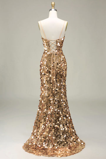 Sparkly Golden Mermaid Sequin Ball Dress With Slit